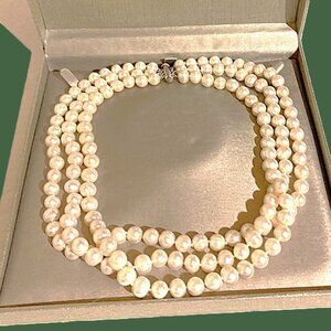Zales Jewelers Three-Stranded Freshwater Cultured Pearl Necklace w/Silver Clasp